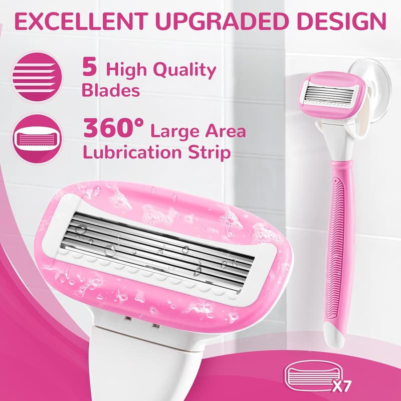 Women's Razors Set with 7 Blade Refills & Shower Holder, Pink