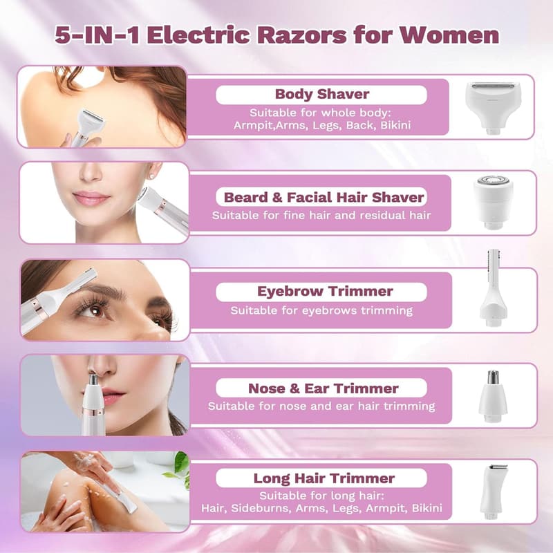 5-in-1 Electric Shaver for Women, Wet/Dry Hair Removal