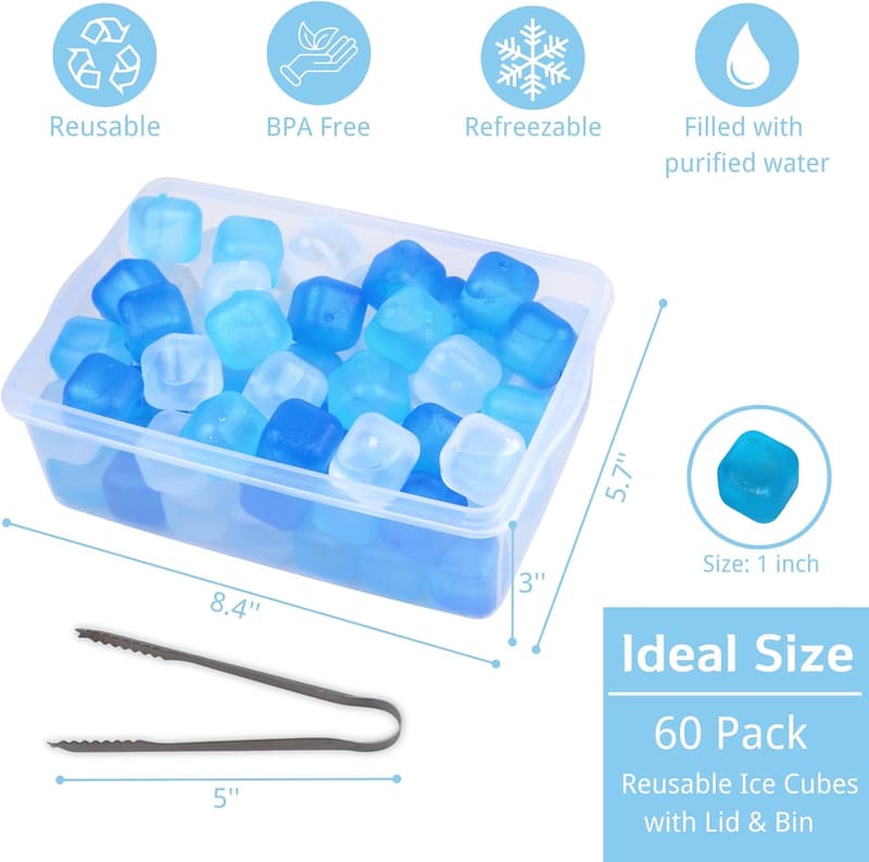 BPA-Free Reusable Square Ice Cubes - 60 Pack