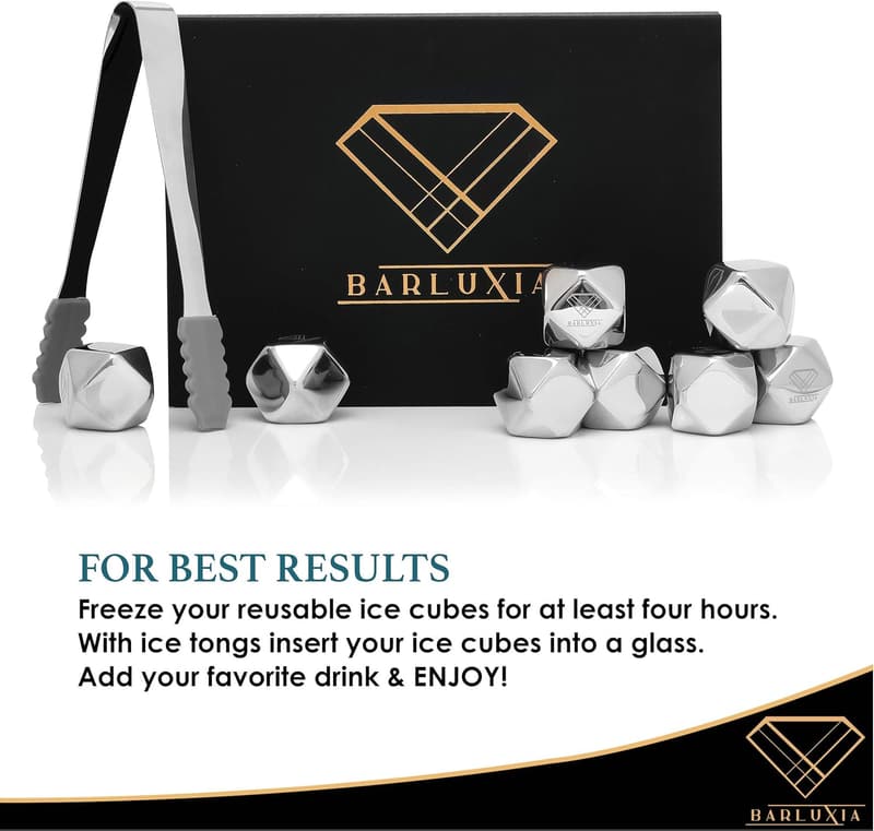Reusable Stainless Steel Ice Cube Set with Tongs & Tray