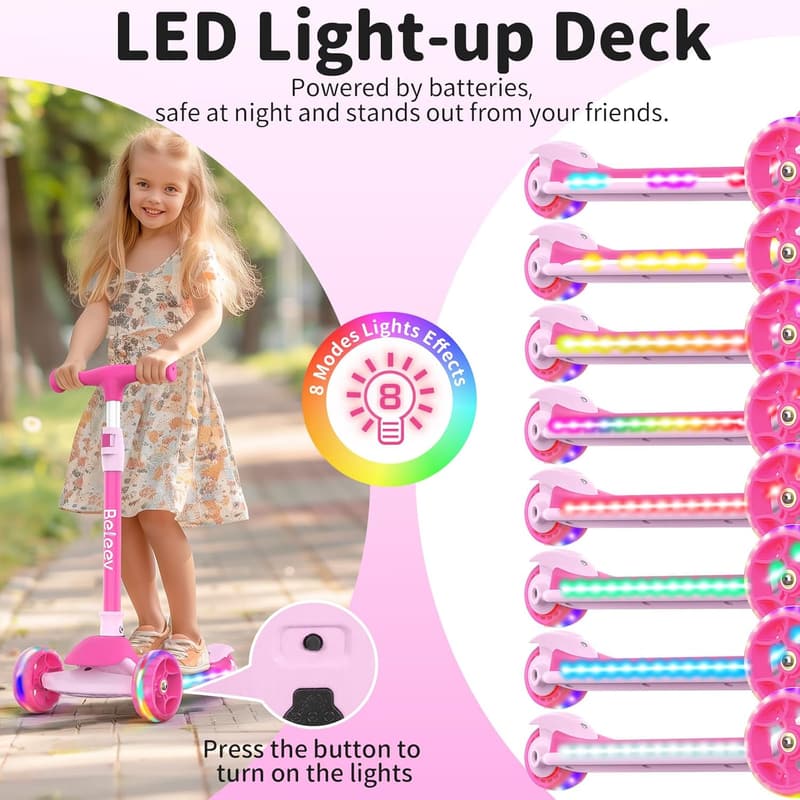 Adjustable 3-Wheel Kids Scooter with LED Lights for Ages 3-12