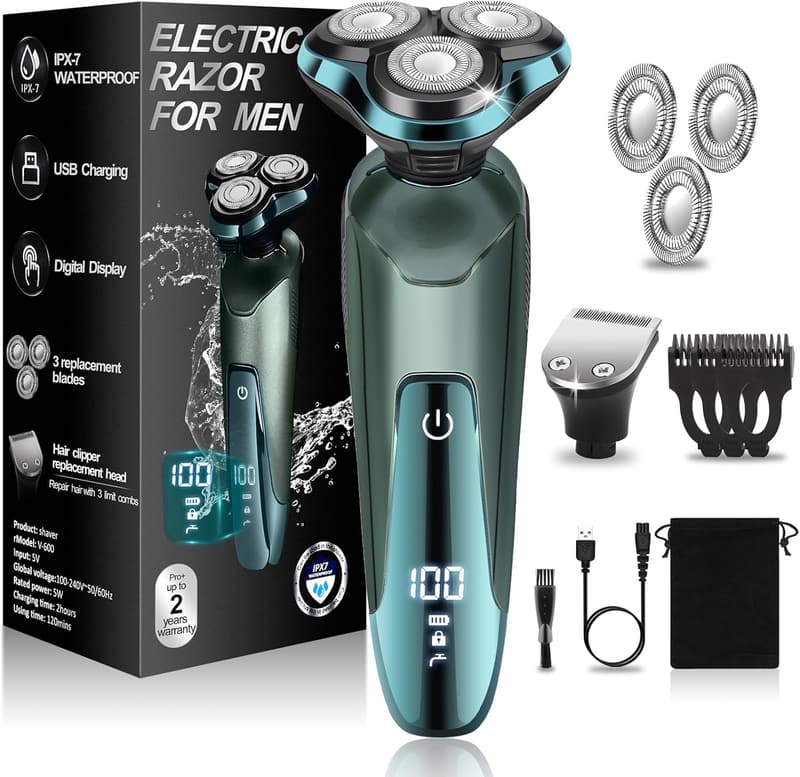 Rechargeable Waterproof Electric Razor for Men with LED Display