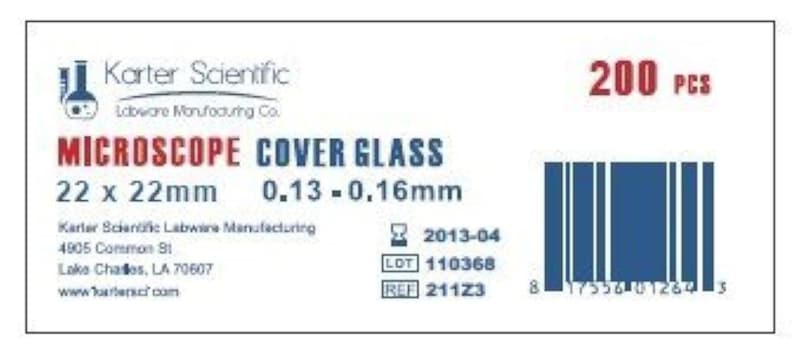 Microscope Cover Slips, #1 Thick, 22x22mm, Pack of 200