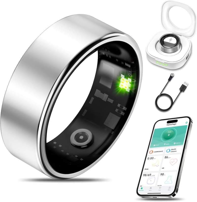 Fitness Tracker Health Ring for Men Women, IP68 Waterproof, Silver