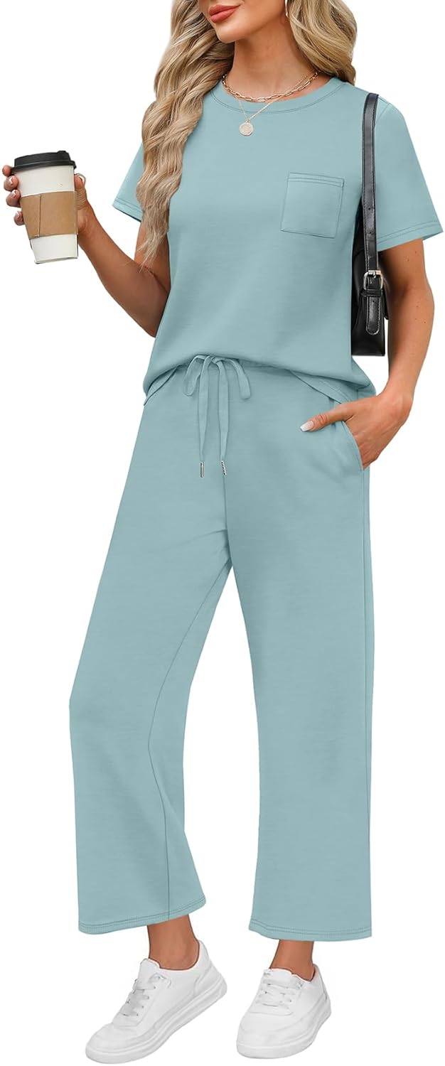 Casual Summer Outfit Set for Women - Short Sleeve & Wide Leg Pants