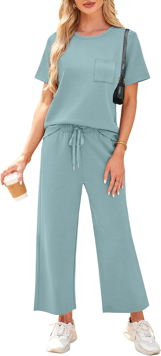 Casual Summer Outfit Set for Women - Short Sleeve & Wide Leg Pants