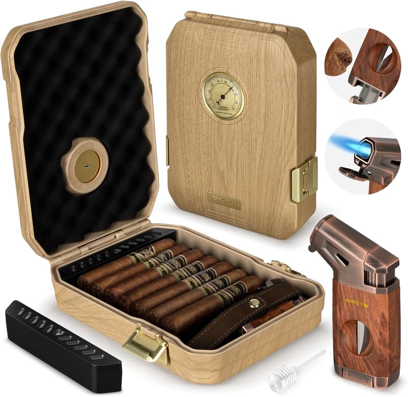 Travel Cigar Humidor Case with Accessories - Cedar Lined, Holds 7-9 Cigars