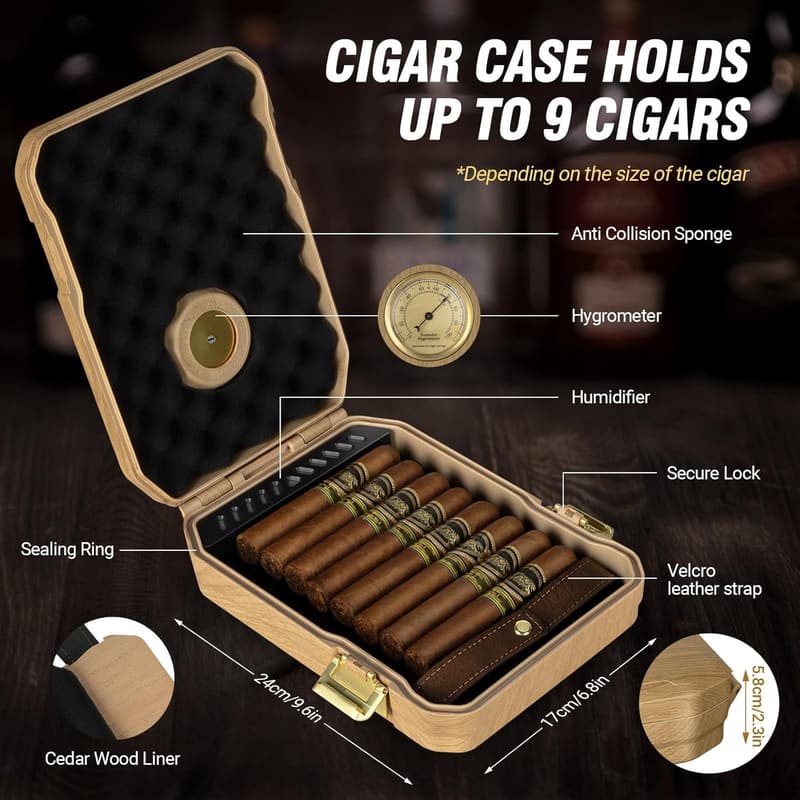 Travel Cigar Humidor Case with Accessories - Cedar Lined, Holds 7-9 Cigars