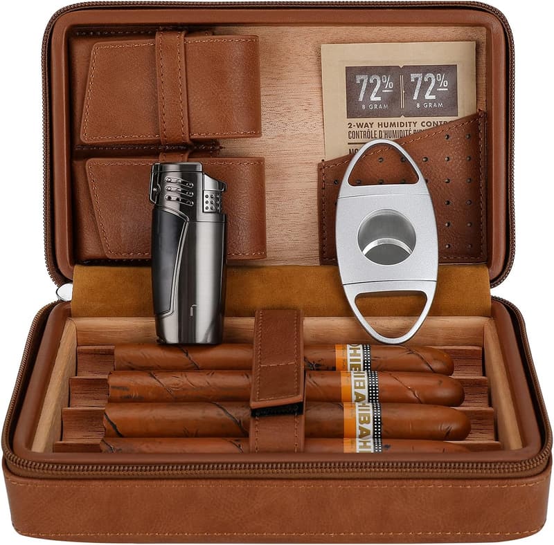 Cedar Wood Leather Cigar Travel Humidor Gift Set