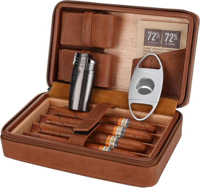 Cedar Wood Leather Cigar Travel Humidor Gift Set