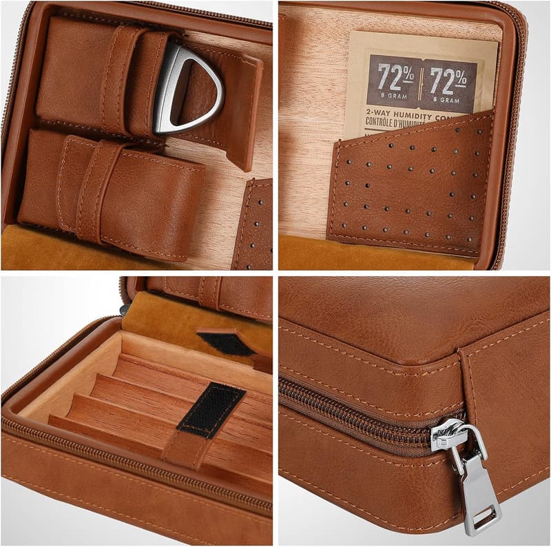 Cedar Wood Leather Cigar Travel Humidor Gift Set