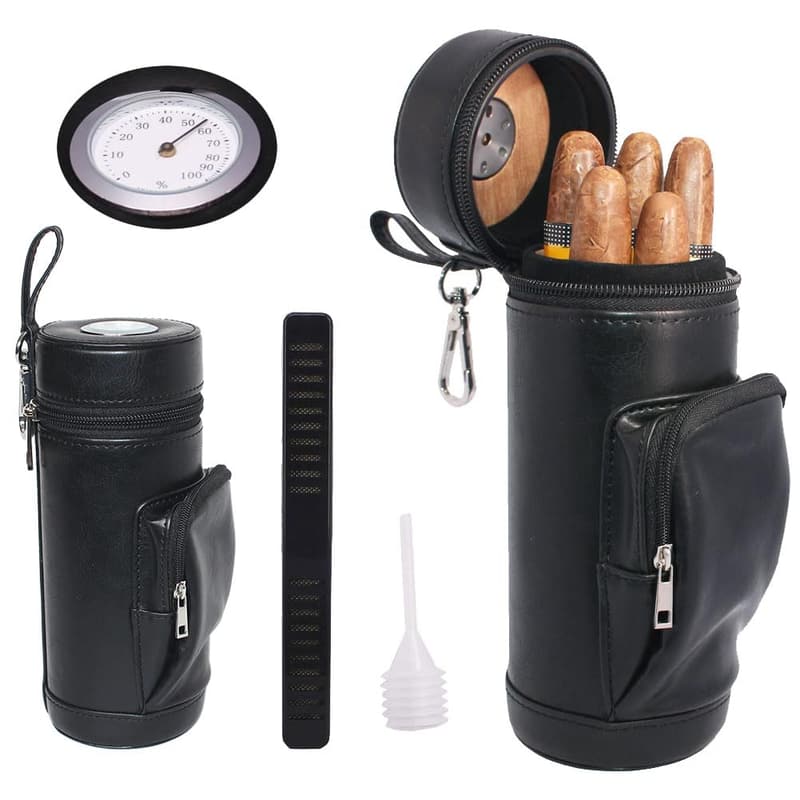 Premium Leather Travel Cigar Humidor with Hygrometer and Accessory Pocket