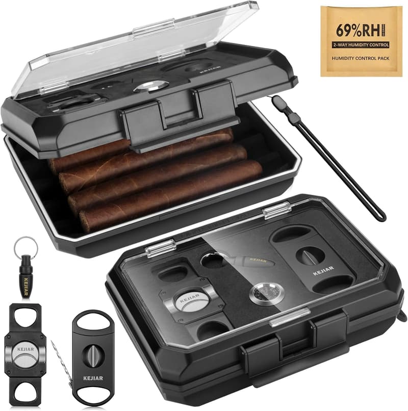 Portable Cigar Humidor Case with 3-in-1 Cutter for 5 Cigars