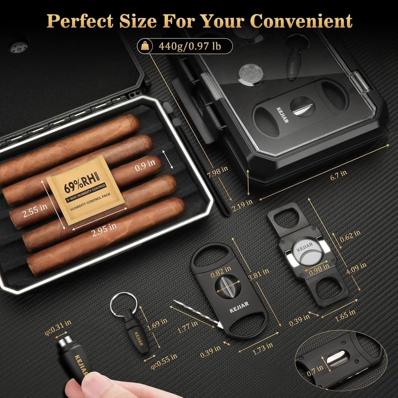 Portable Cigar Humidor Case with 3-in-1 Cutter for 5 Cigars