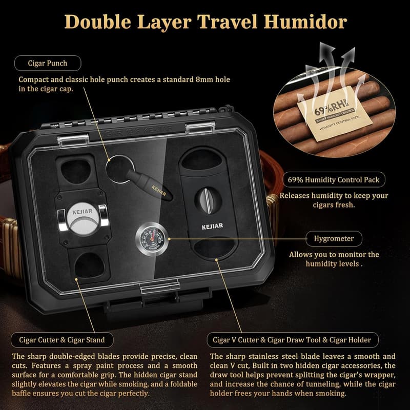 Portable Cigar Humidor Case with 3-in-1 Cutter for 5 Cigars