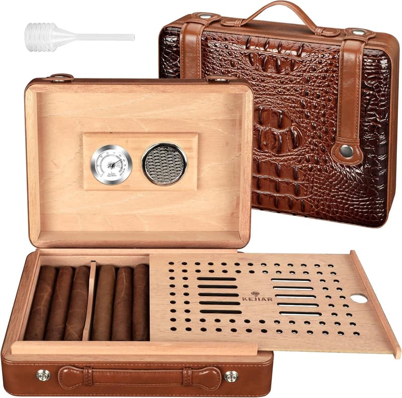 Leather Cedar Cigar Humidor Case with Hygrometer, Holds 50