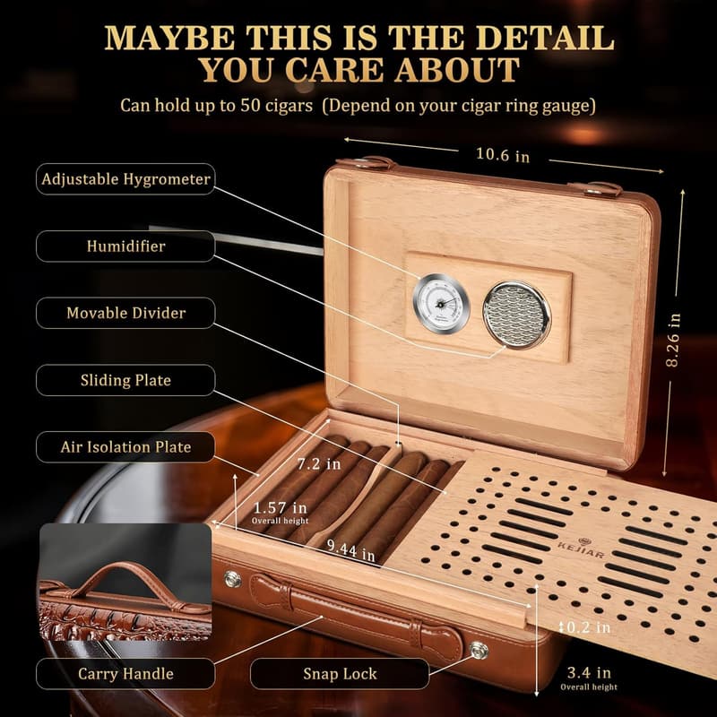 Leather Cedar Cigar Humidor Case with Hygrometer, Holds 50