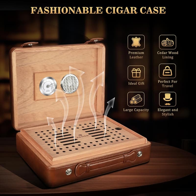 Leather Cedar Cigar Humidor Case with Hygrometer, Holds 50
