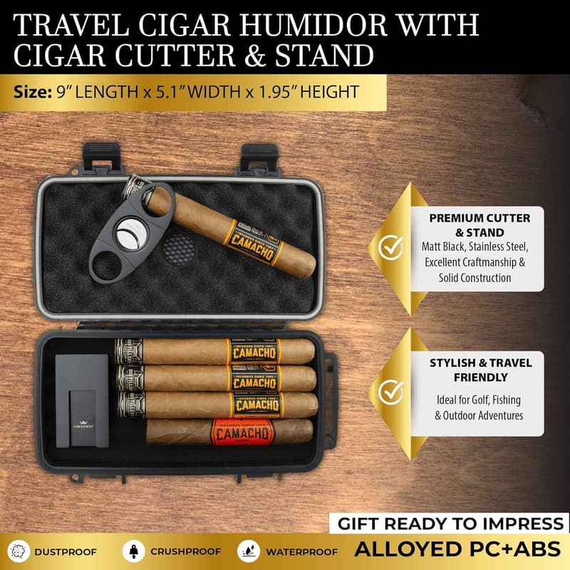 Waterproof Travel Cigar Humidor Case with Cutter & Stand for Men