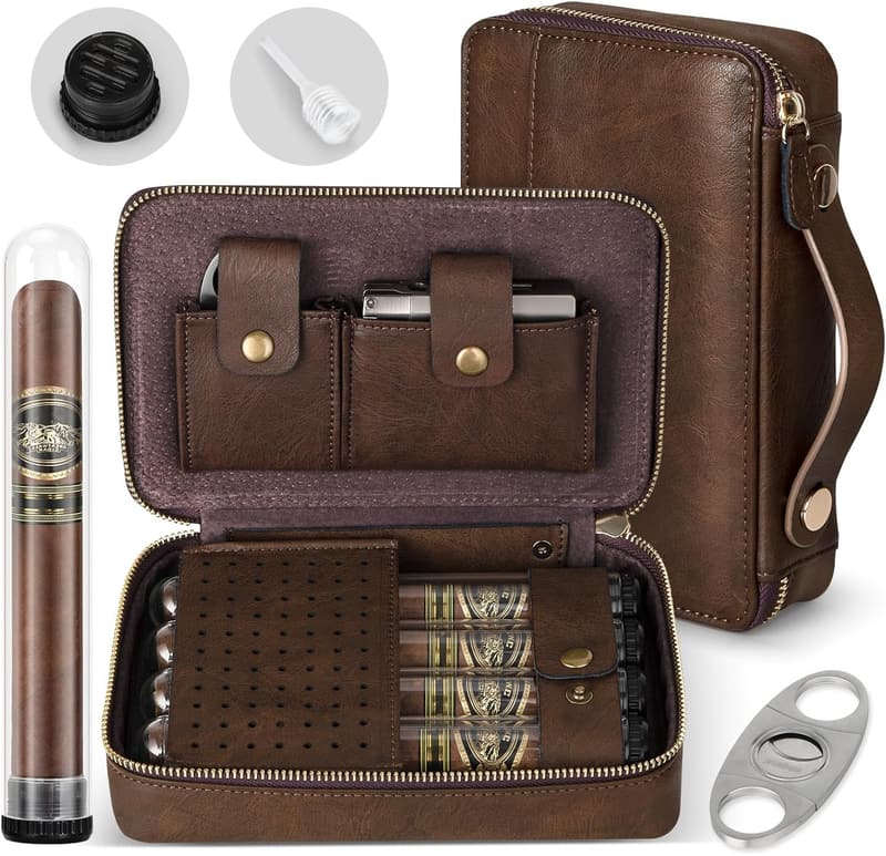 Portable Leather Cigar Humidor Set with Cutter for Men