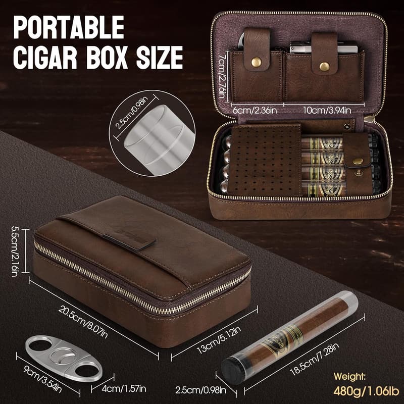 Portable Leather Cigar Humidor Set with Cutter for Men