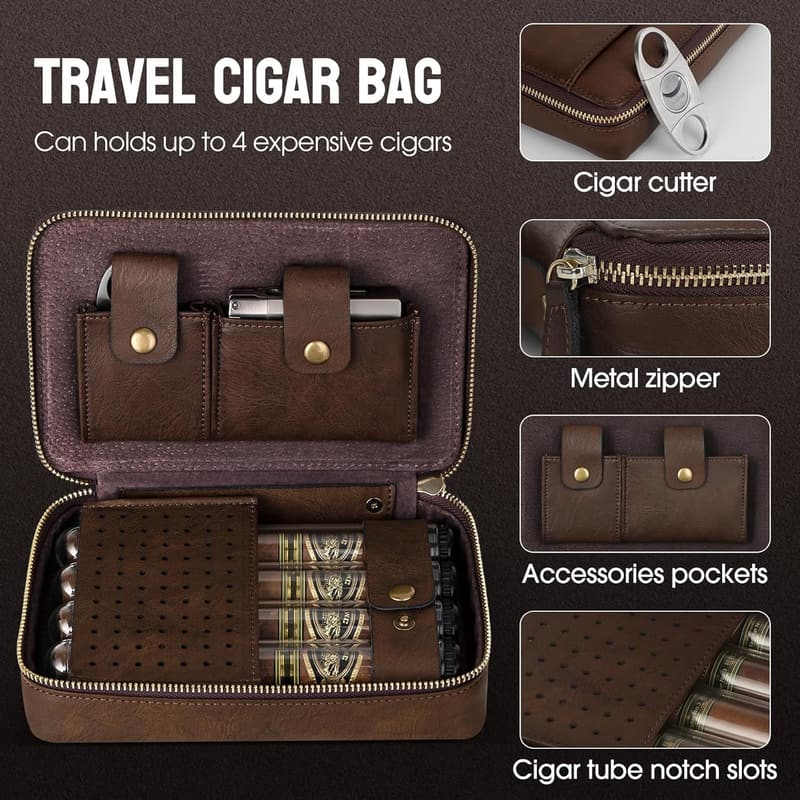 Portable Leather Cigar Humidor Set with Cutter for Men