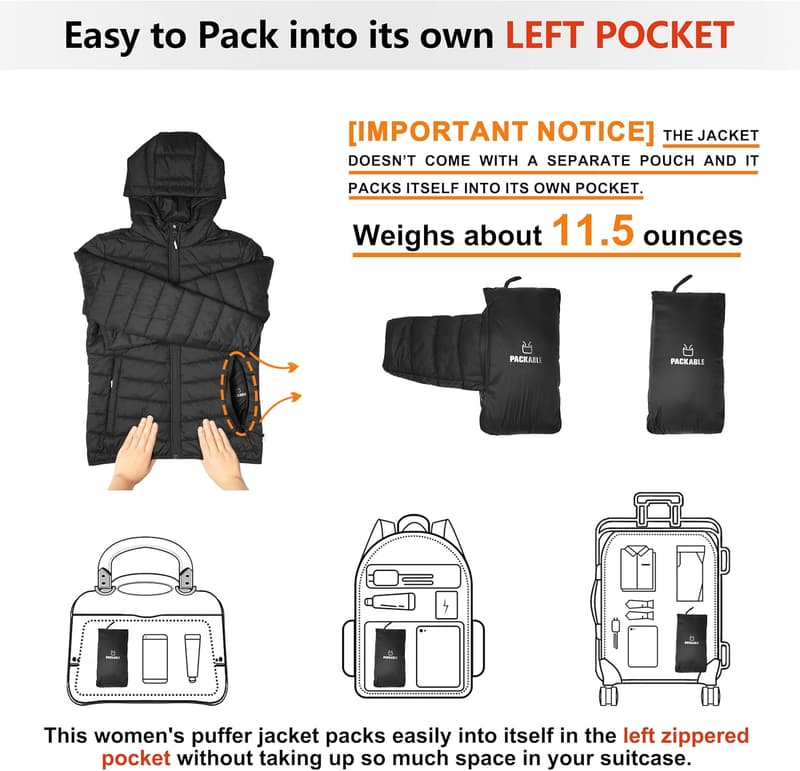 Packable Lightweight Full-Zip Puffer Jacket for Women