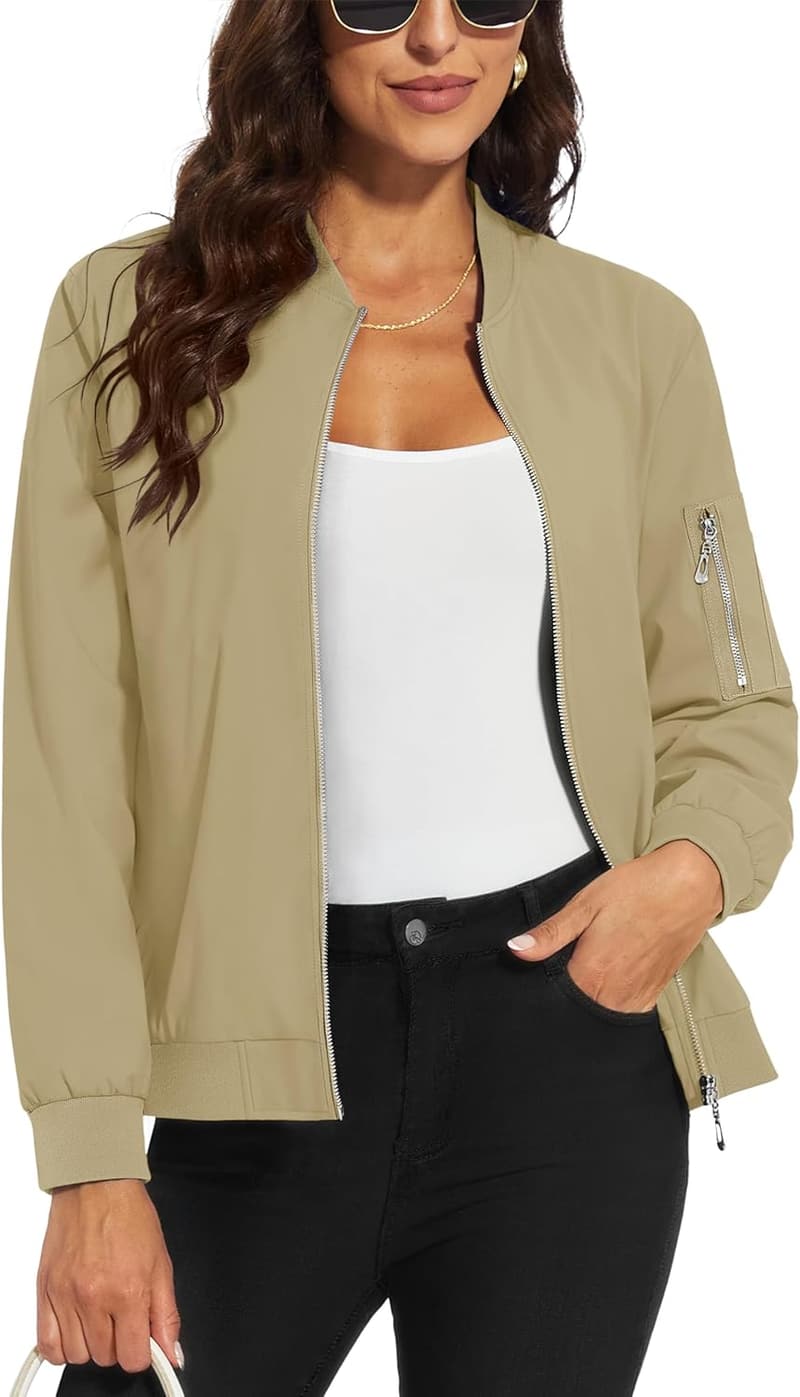 Lightweight Women's Zip-Up Bomber Jacket with 5 Pockets