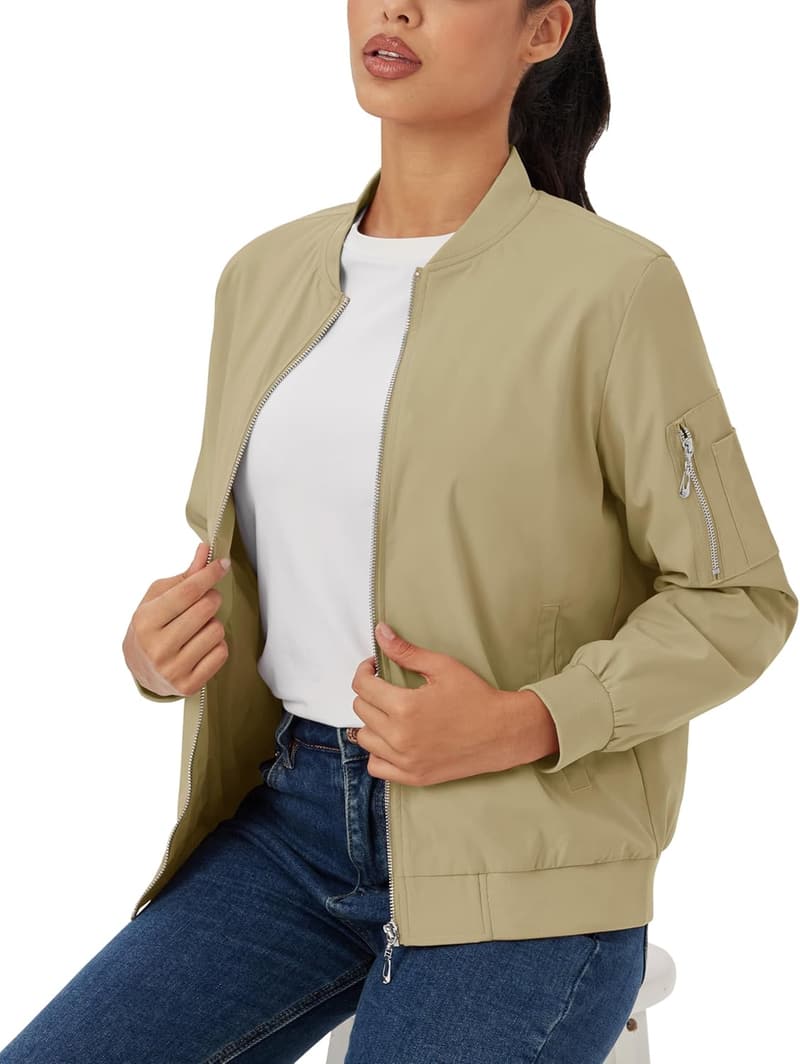 Lightweight Women's Zip-Up Bomber Jacket with 5 Pockets