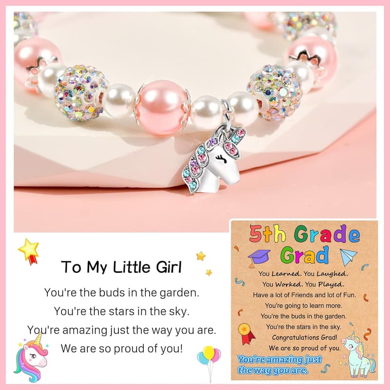 Kindergarten Graduation Unicorn Bracelet with Pearl & Rhinestones