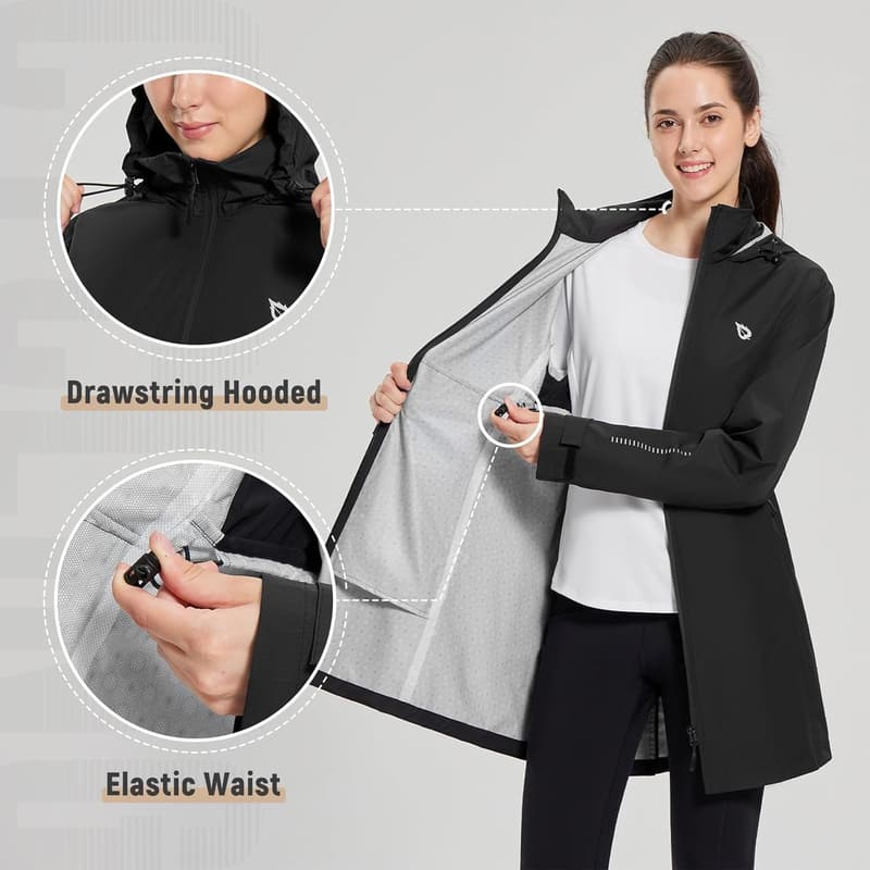 Packable Waterproof Women's Long Rain Coat for Cycling