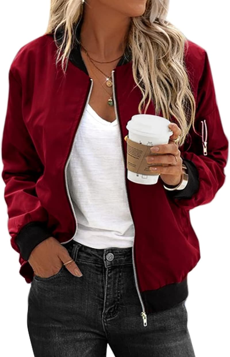 Casual Women's Bomber Jacket with Pockets, Zip Up, S-XXL