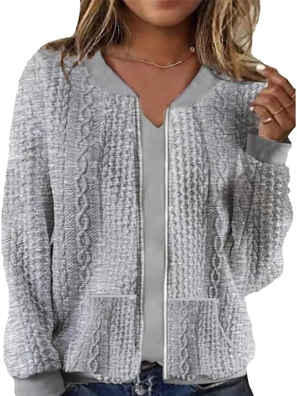 Women's Casual Solid Long Sleeve Zip-Up Cardigan with Pocket