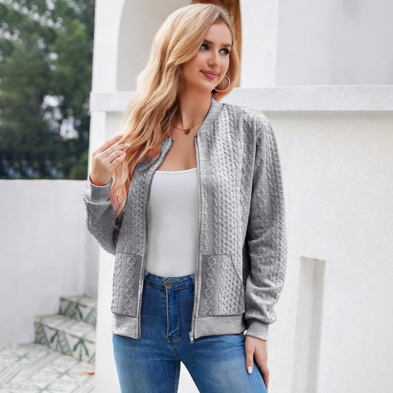 Women's Casual Solid Long Sleeve Zip-Up Cardigan with Pocket