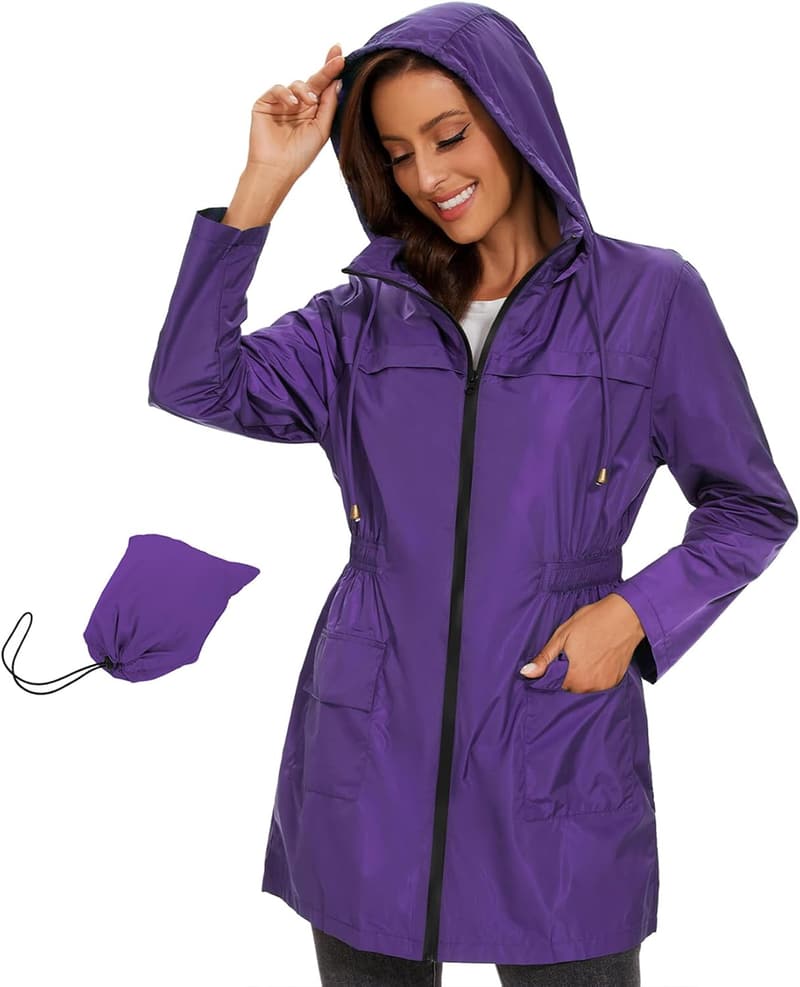Lightweight Waterproof Packable Rain Jacket for Women