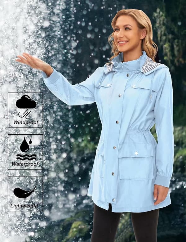 Women's Lightweight Hooded Rain Jacket - Waterproof Windbreaker