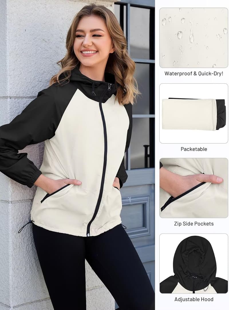 Lightweight Waterproof Packable Rain Jacket for Women