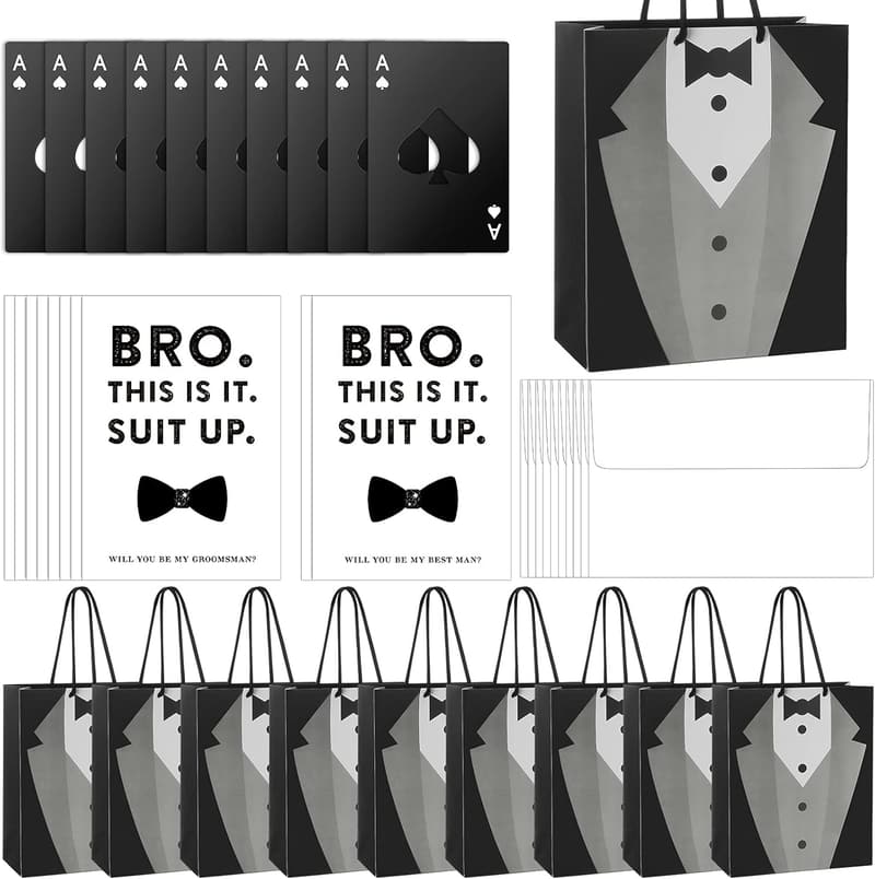 Groomsmen Gift Set - 10 Bags, Bottle Openers & Proposal Cards