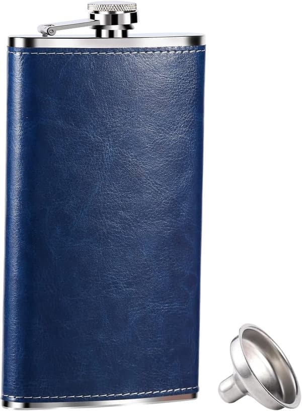 Navy Blue Leather Whiskey Flask for Men - 10oz Stainless Steel