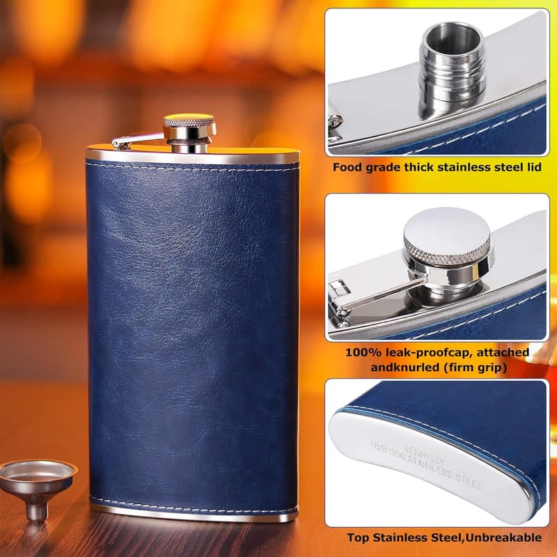 Navy Blue Leather Whiskey Flask for Men - 10oz Stainless Steel