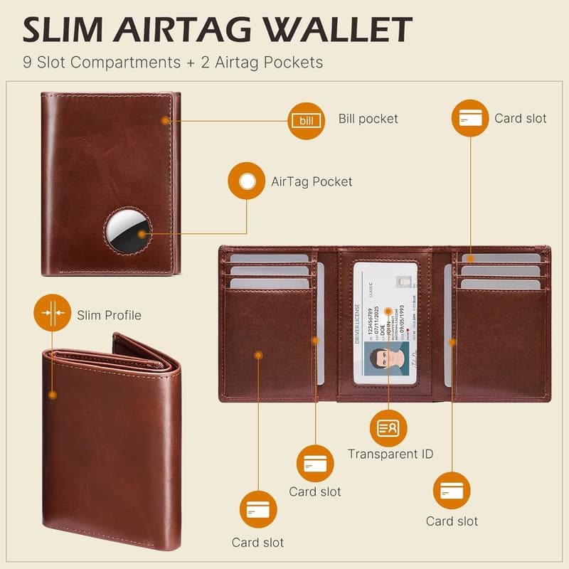 Men's Leather Trifold Wallet with AirTag Holder & RFID Blocking