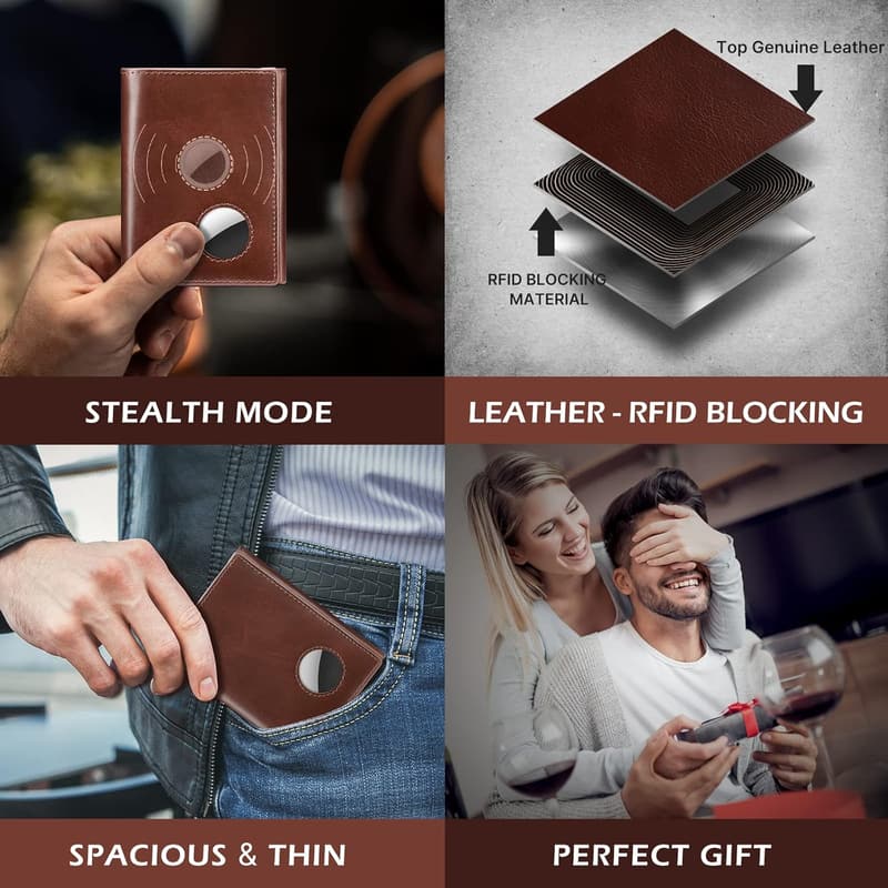Men's Leather Trifold Wallet with AirTag Holder & RFID Blocking