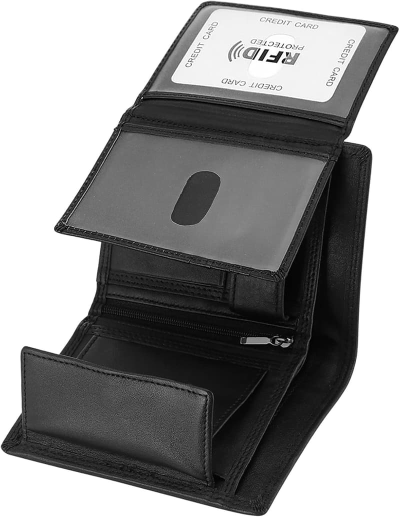 Men's Cowhide Leather Trifold Wallet with RFID Blocking and Coin Pocket