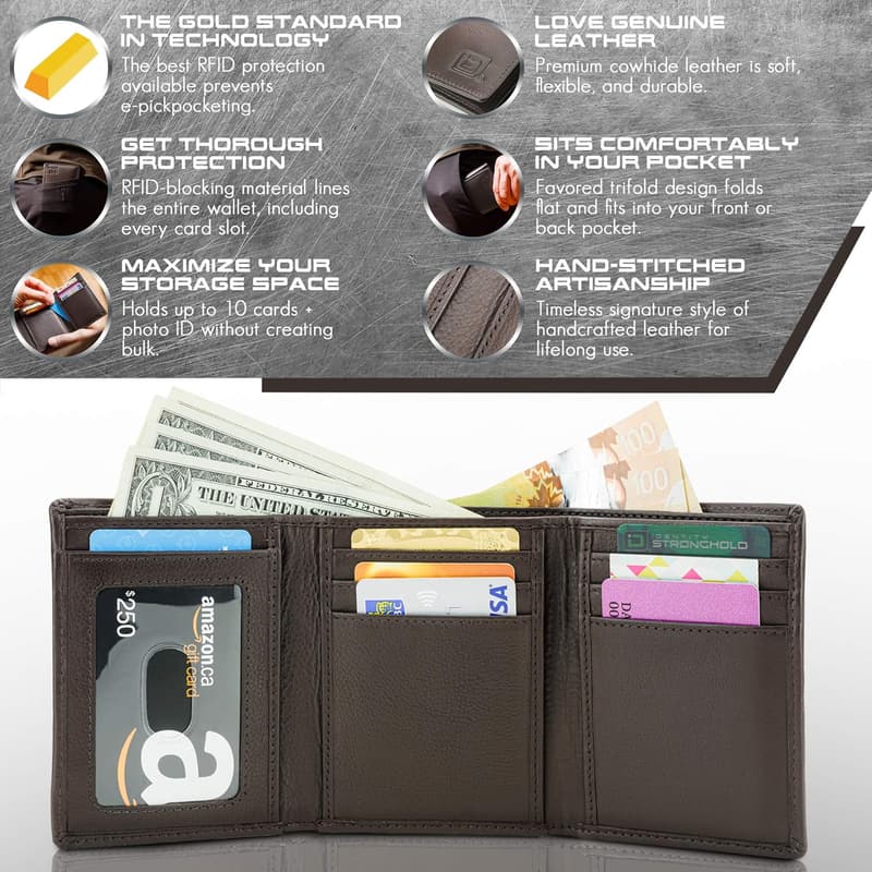 Men's RFID Blocking Leather Trifold Wallet in Brown with Gift Box