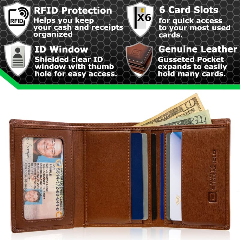 Genuine Leather RFID Trifold Wallet for Men – Antiqued Brown