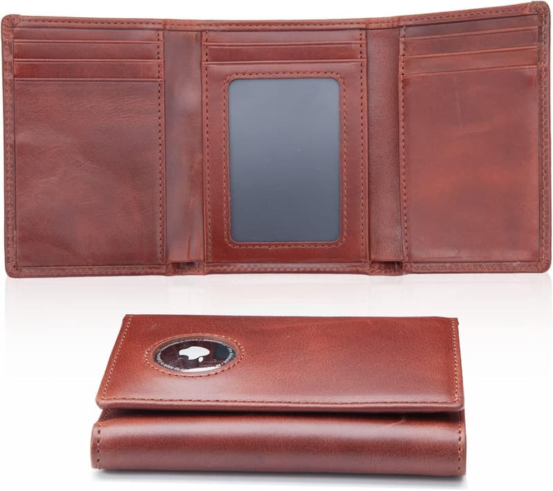 Genuine Leather RFID Blocking Wallet with AirTag Holder for Men