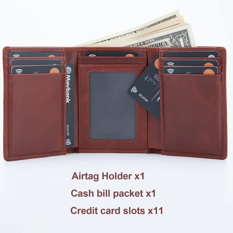 Genuine Leather RFID Blocking Wallet with AirTag Holder for Men