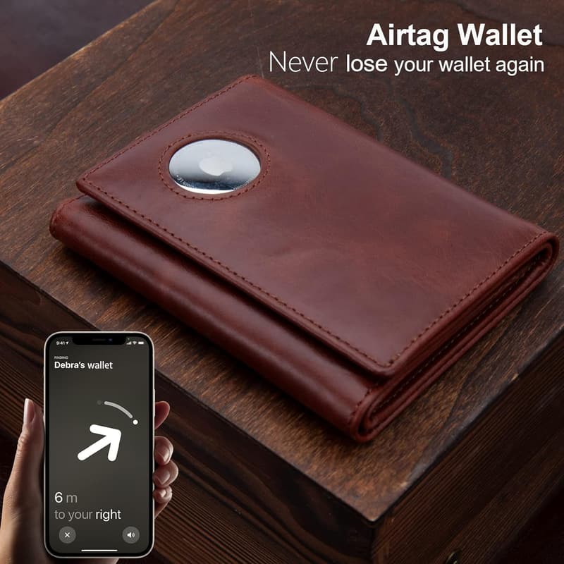 Genuine Leather RFID Blocking Wallet with AirTag Holder for Men