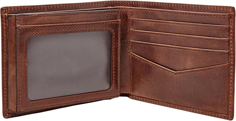 Men's RFID-Blocking Leather Bifold Wallet with Flip ID - Dark Brown