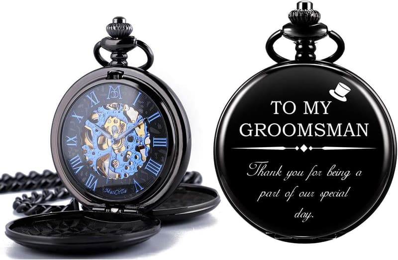 Best Man Wedding Pocket Watch - Engraved Skeleton Design